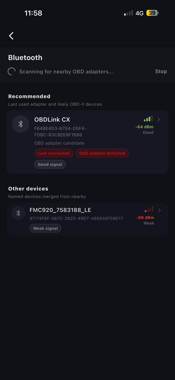 Bluetooth device search screen listing nearby OBD-II adapters.