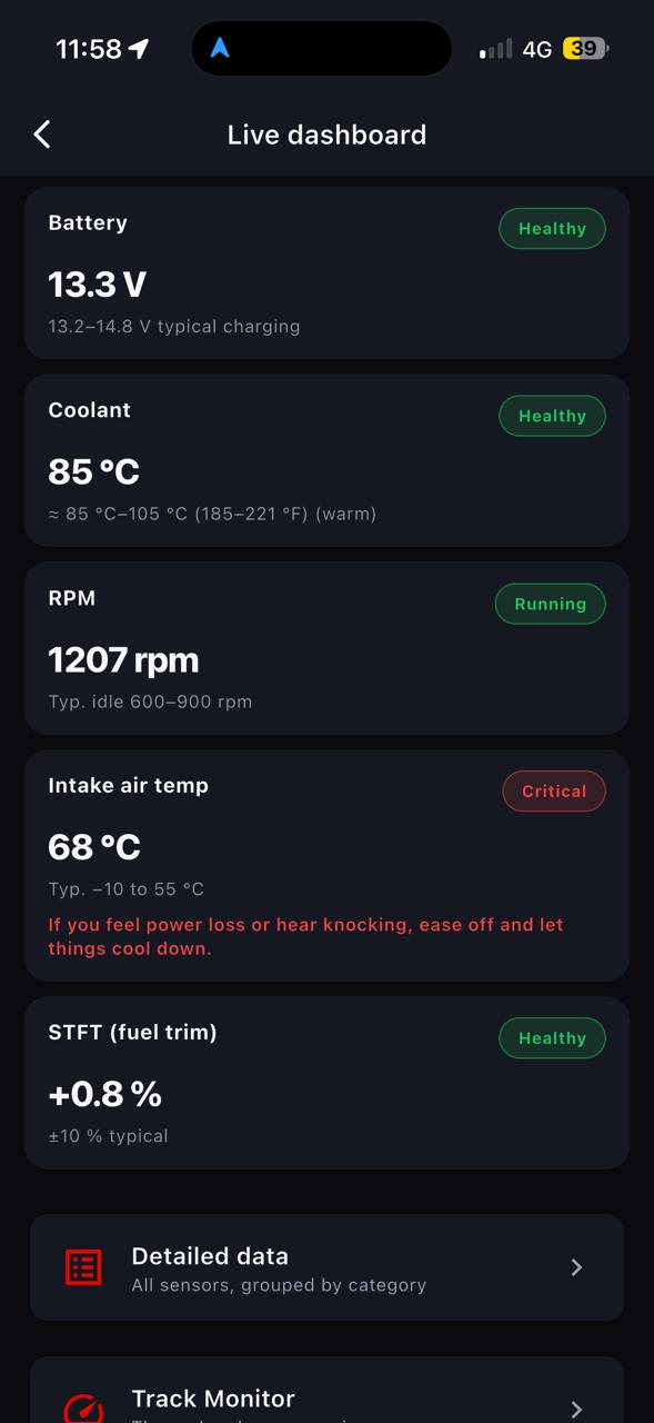 Live data view with gauges and diagnostic readouts.